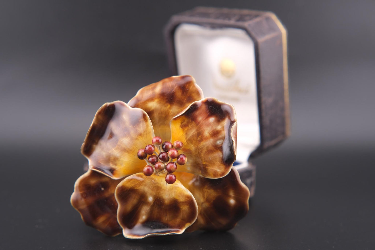 Vintage Enamel Flower Brooch – Gold Tone with Maroon Bead Accents