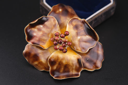 Vintage Enamel Flower Brooch – Gold Tone with Maroon Bead Accents