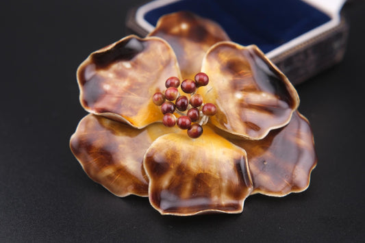 Vintage Enamel Flower Brooch – Gold Tone with Maroon Bead Accents