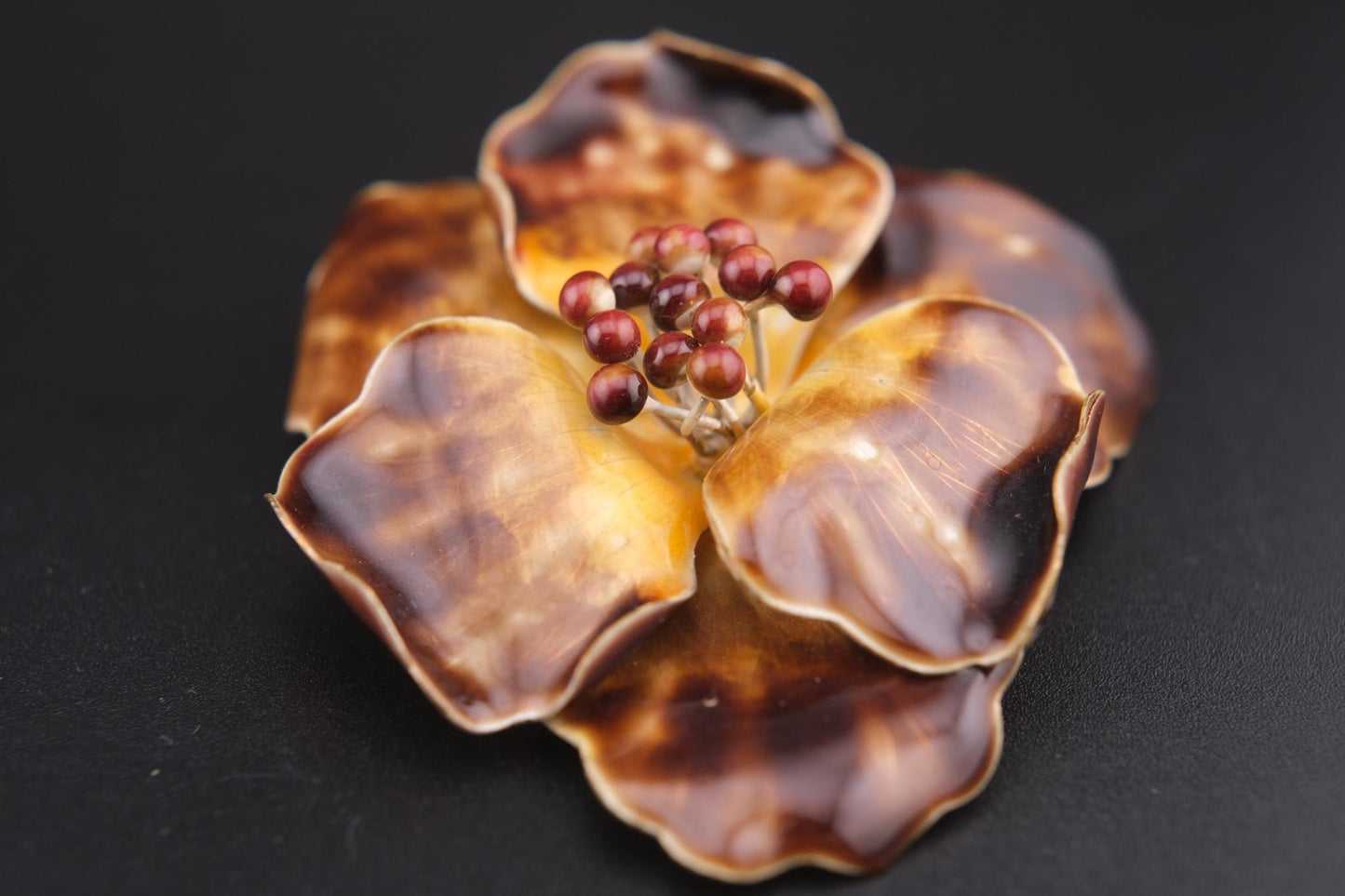 Vintage Enamel Flower Brooch – Gold Tone with Maroon Bead Accents