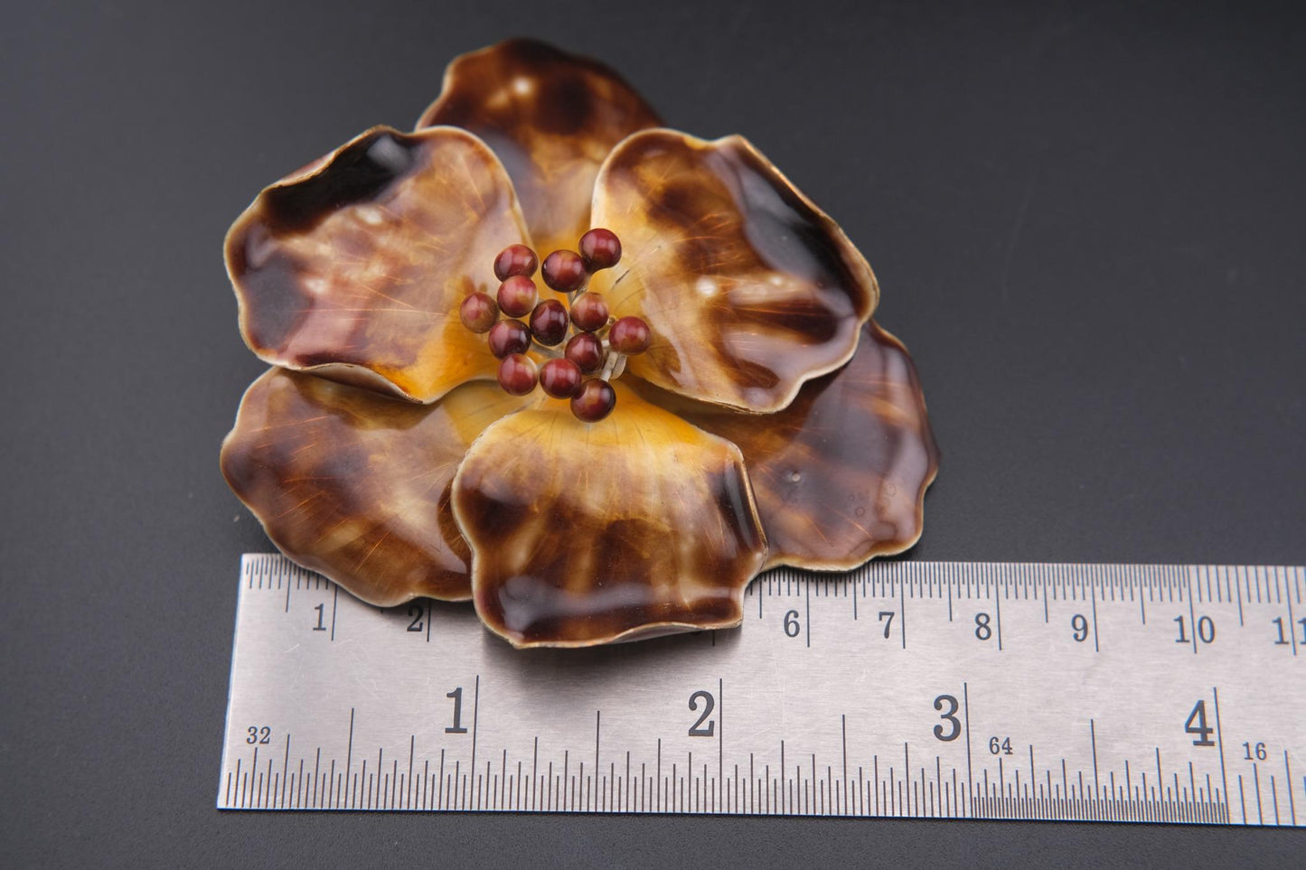 Vintage Enamel Flower Brooch – Gold Tone with Maroon Bead Accents