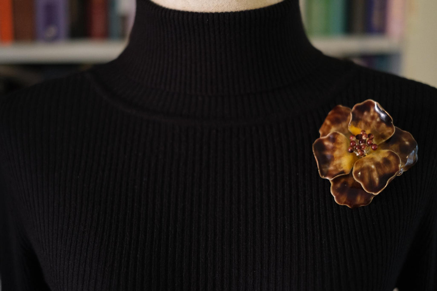Vintage Enamel Flower Brooch – Gold Tone with Maroon Bead Accents