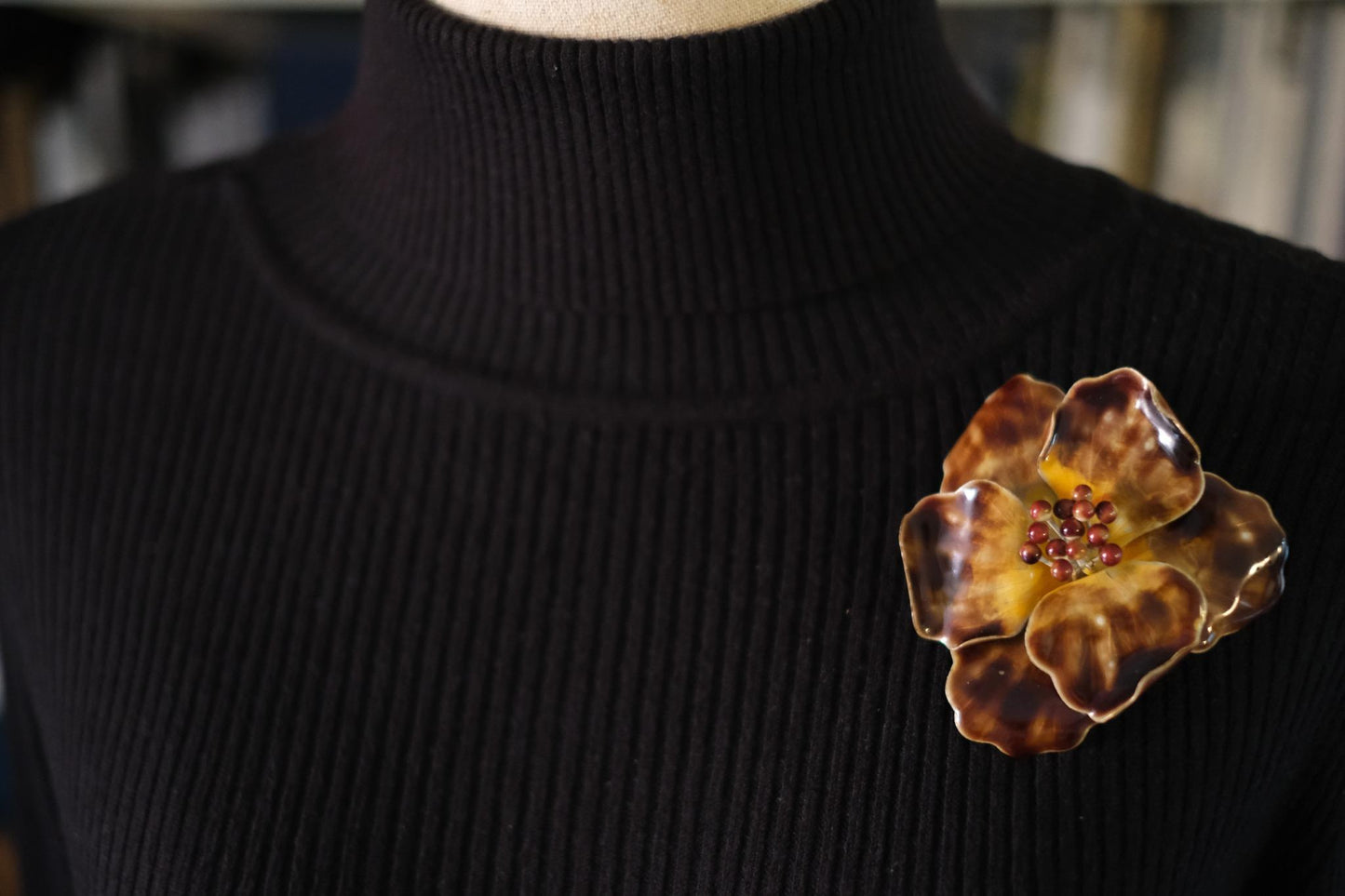 Vintage Enamel Flower Brooch – Gold Tone with Maroon Bead Accents