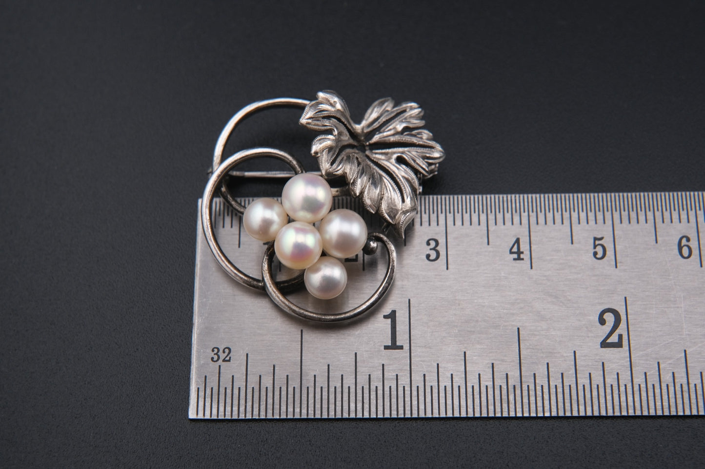 Mikimoto Leaf Brooch – Sterling Silver with Akoya Pearls, 1960s Vintage