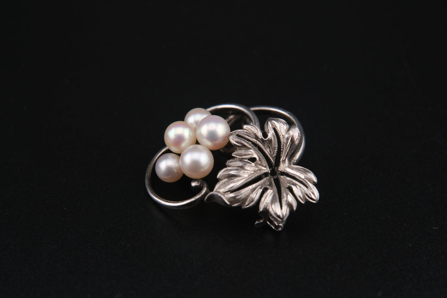 Mikimoto Leaf Brooch – Sterling Silver with Akoya Pearls, 1960s Vintage