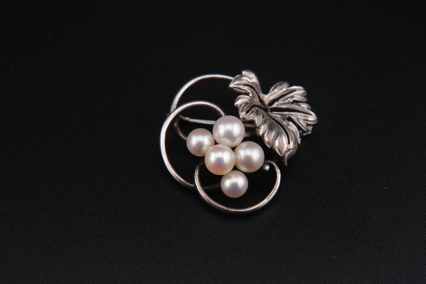 Mikimoto Leaf Brooch – Sterling Silver with Akoya Pearls, 1960s Vintage