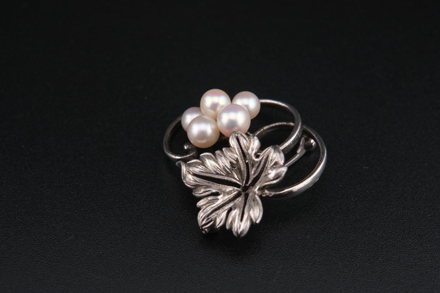 Mikimoto Leaf Brooch – Sterling Silver with Akoya Pearls, 1960s Vintage