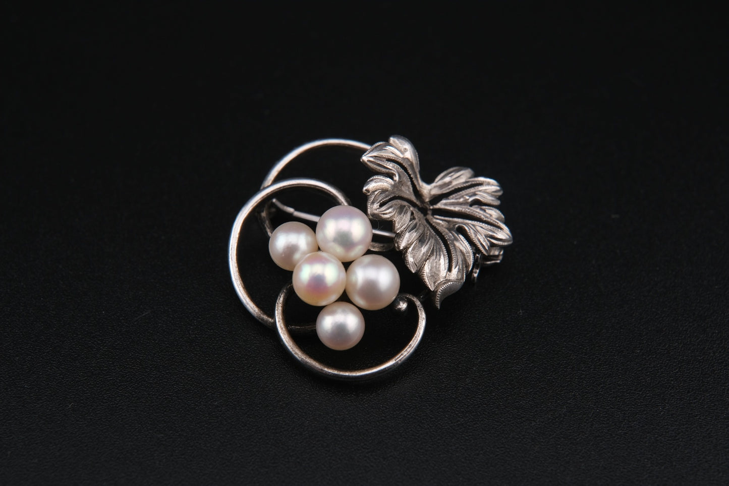 Mikimoto Leaf Brooch – Sterling Silver with Akoya Pearls, 1960s Vintage