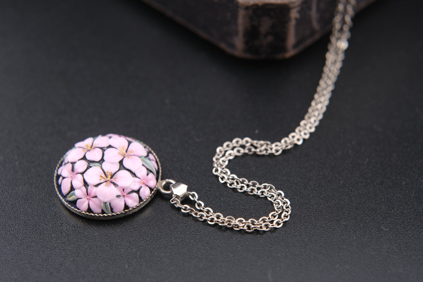 Vintage Toshikane Cherry Blossom Pendant Necklace – Japanese Porcelain with Sterling Silver Chain