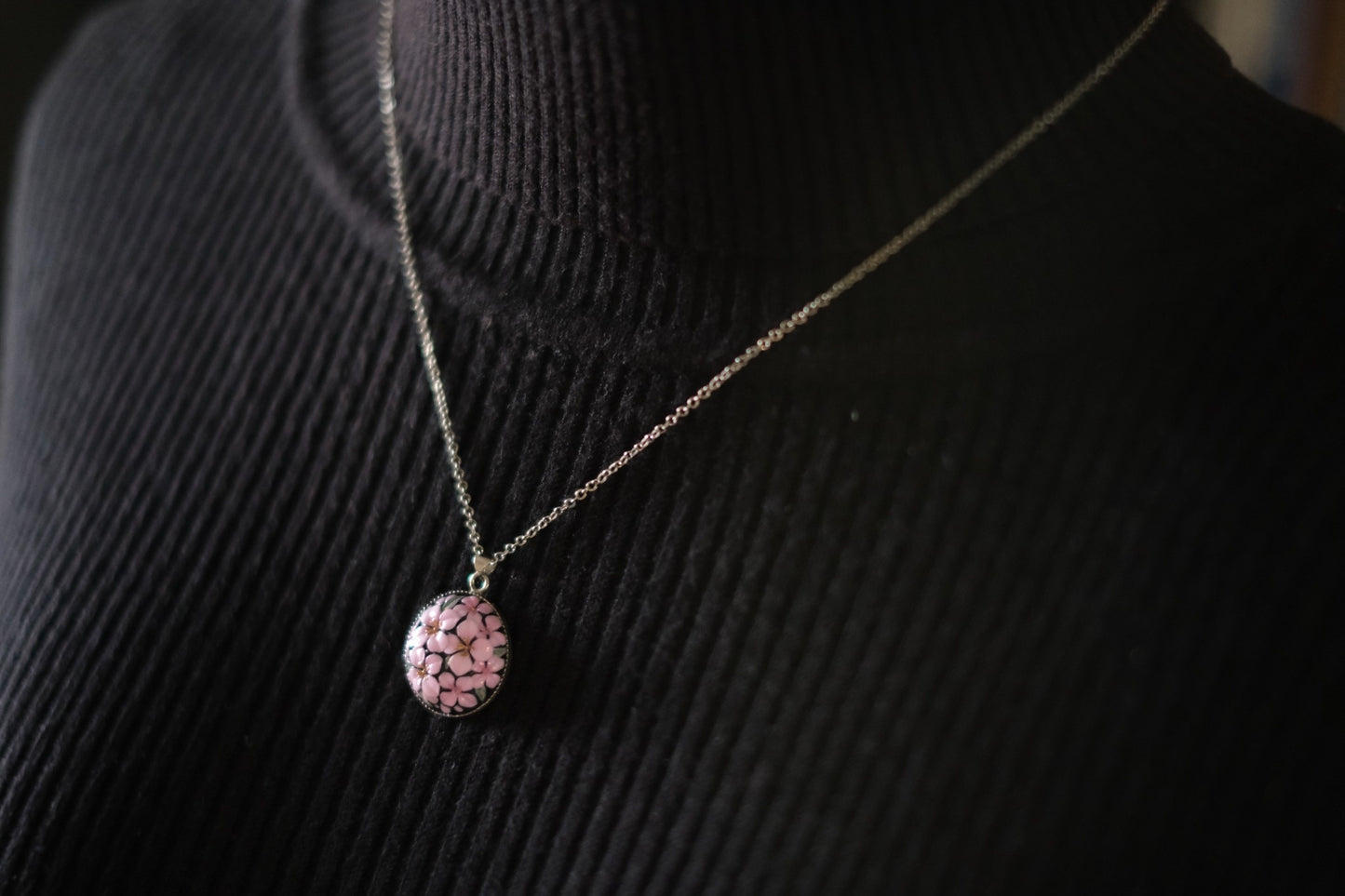 Vintage Toshikane Cherry Blossom Pendant Necklace – Japanese Porcelain with Sterling Silver Chain