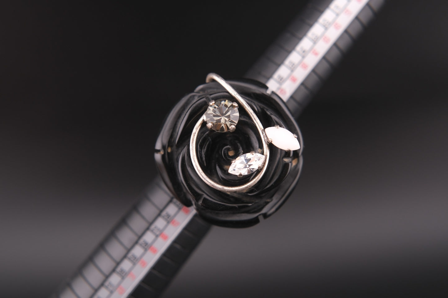 Vintage Philippe Ferrandis Paris Black Resin Rose Statement Ring with Crystals