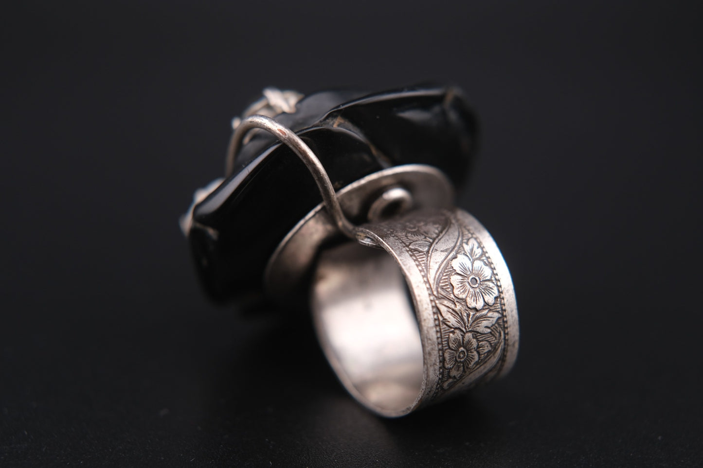 Vintage Philippe Ferrandis Paris Black Resin Rose Statement Ring with Crystals