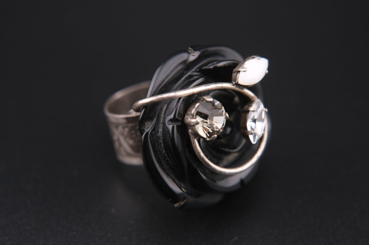 Vintage Philippe Ferrandis Paris Black Resin Rose Statement Ring with Crystals