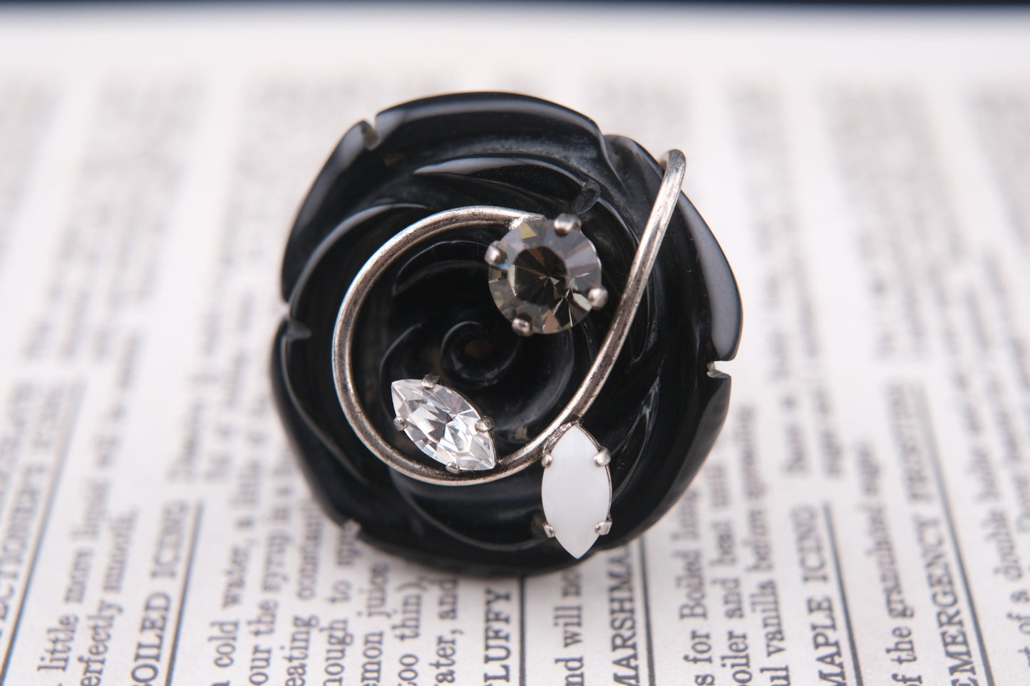 Vintage Philippe Ferrandis Paris Black Resin Rose Statement Ring with Crystals