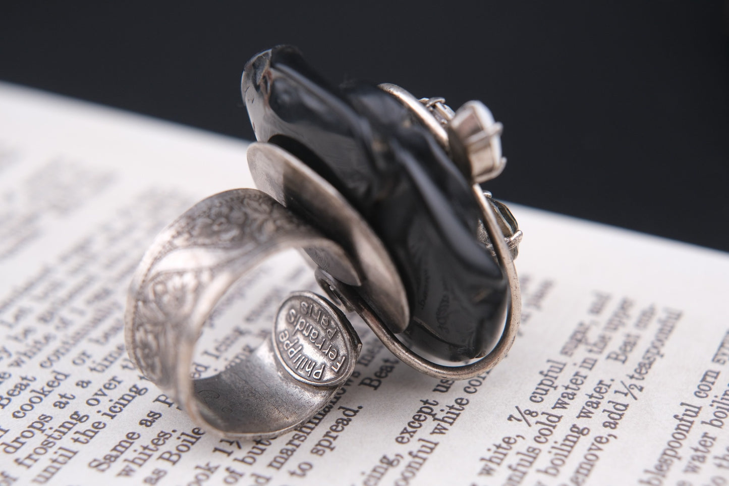 Vintage Philippe Ferrandis Paris Black Resin Rose Statement Ring with Crystals