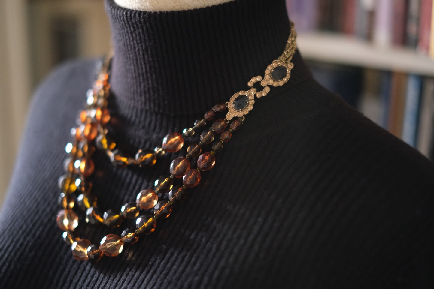 Vintage Monet Triple Strand Beaded Necklace – Faceted Amber & Smoky Brown with Rhinestone Accents