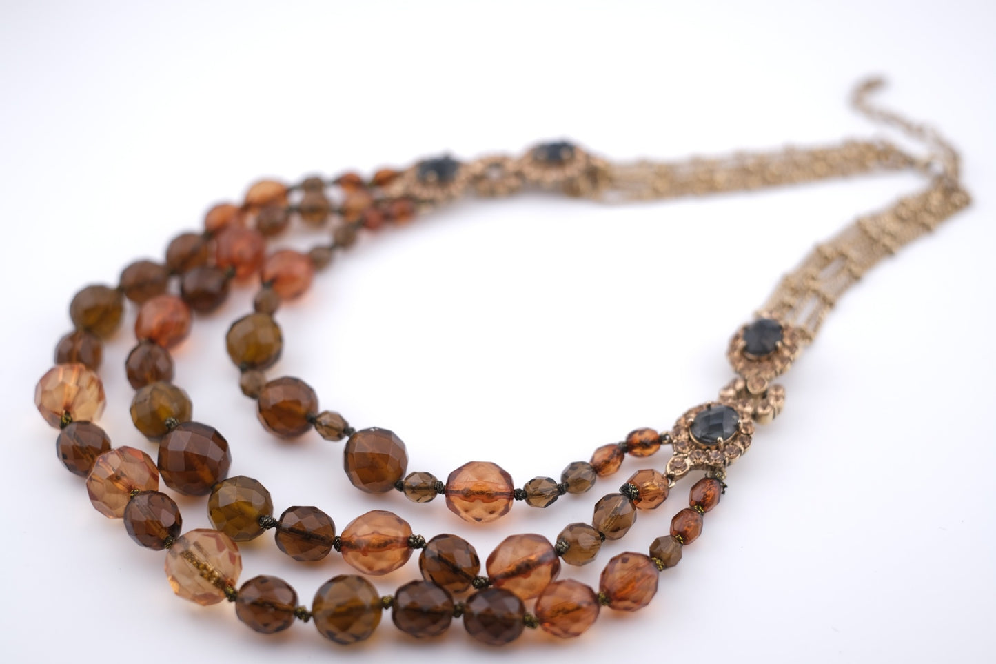 Vintage Monet Triple Strand Beaded Necklace – Faceted Amber & Smoky Brown with Rhinestone Accents