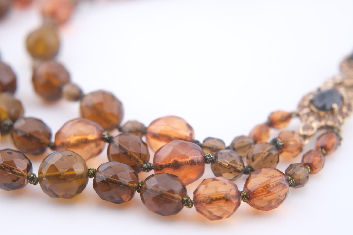 Vintage Monet Triple Strand Beaded Necklace – Faceted Amber & Smoky Brown with Rhinestone Accents