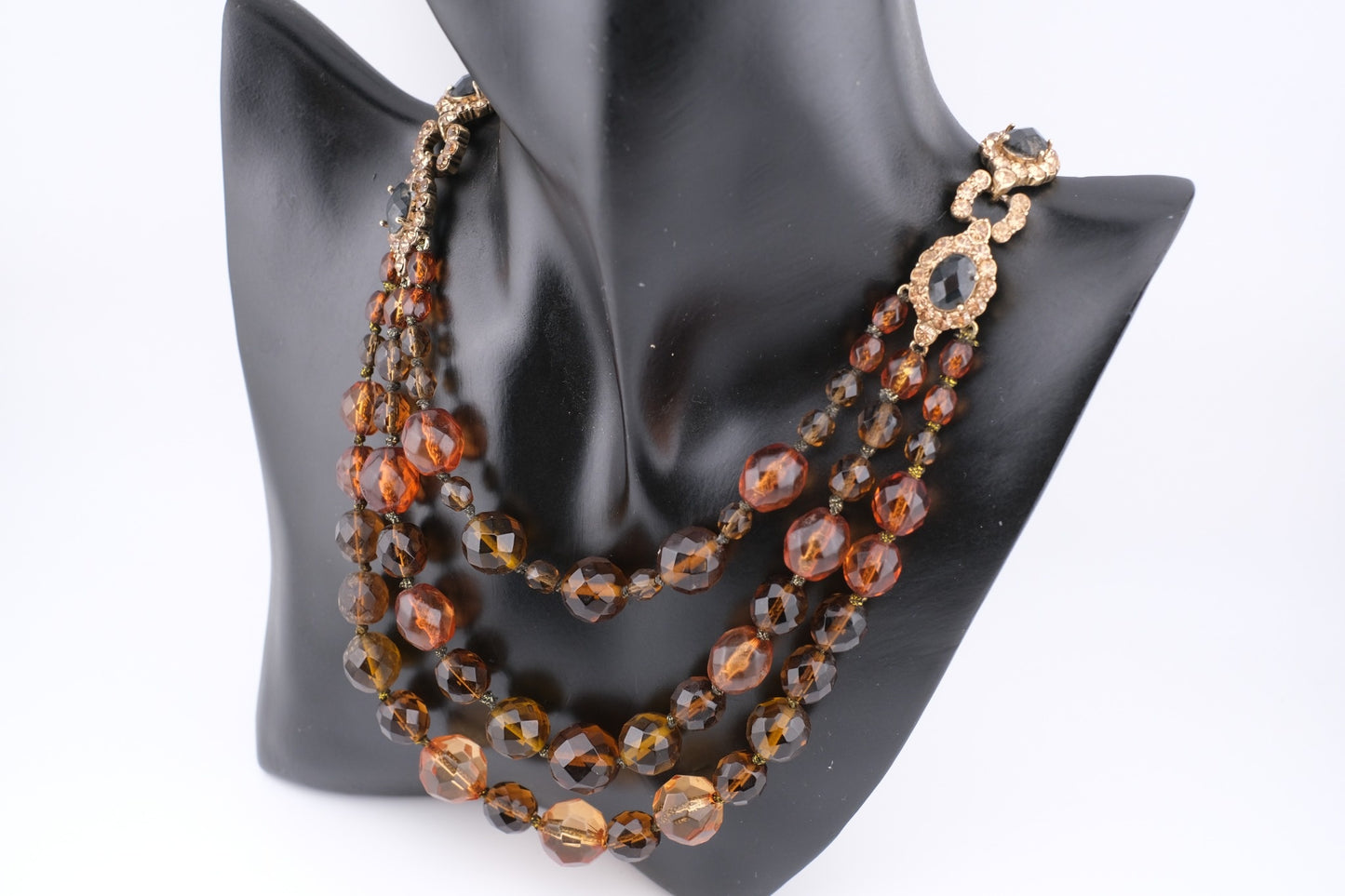 Vintage Monet Triple Strand Beaded Necklace – Faceted Amber & Smoky Brown with Rhinestone Accents