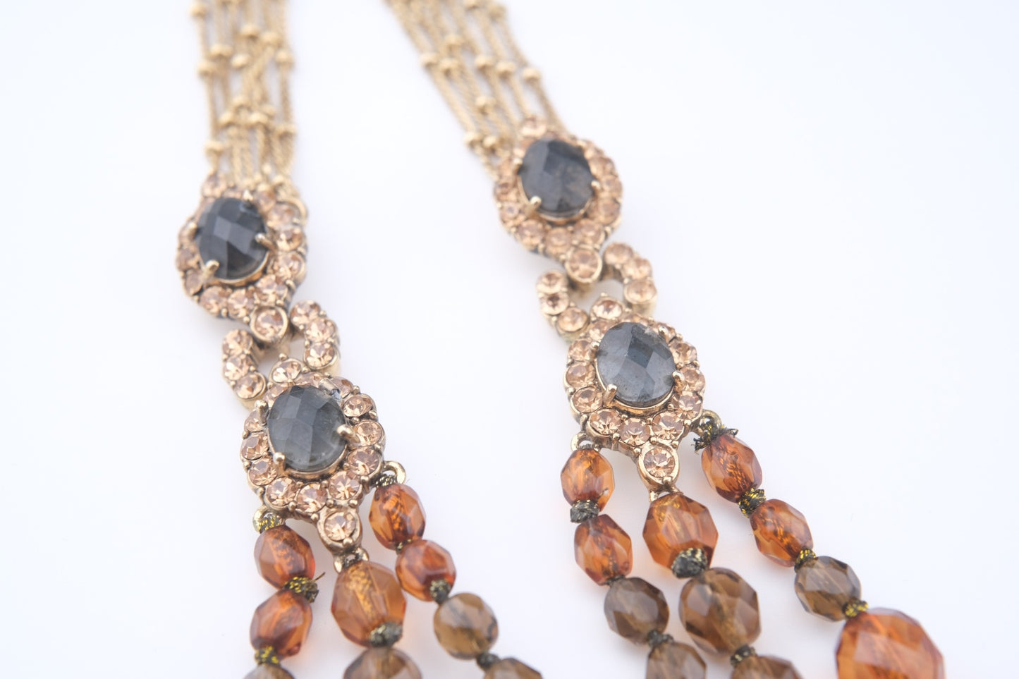 Vintage Monet Triple Strand Beaded Necklace – Faceted Amber & Smoky Brown with Rhinestone Accents