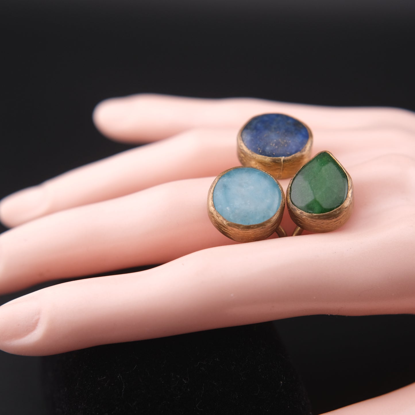 ❤️ Triple Stone Adjustable Ring – Lapis Lazuli, Larimar & Green Jade | Sculptural Cocktail Ring
