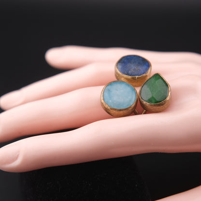 ❤️ Triple Stone Adjustable Ring – Lapis Lazuli, Larimar & Green Jade | Sculptural Cocktail Ring