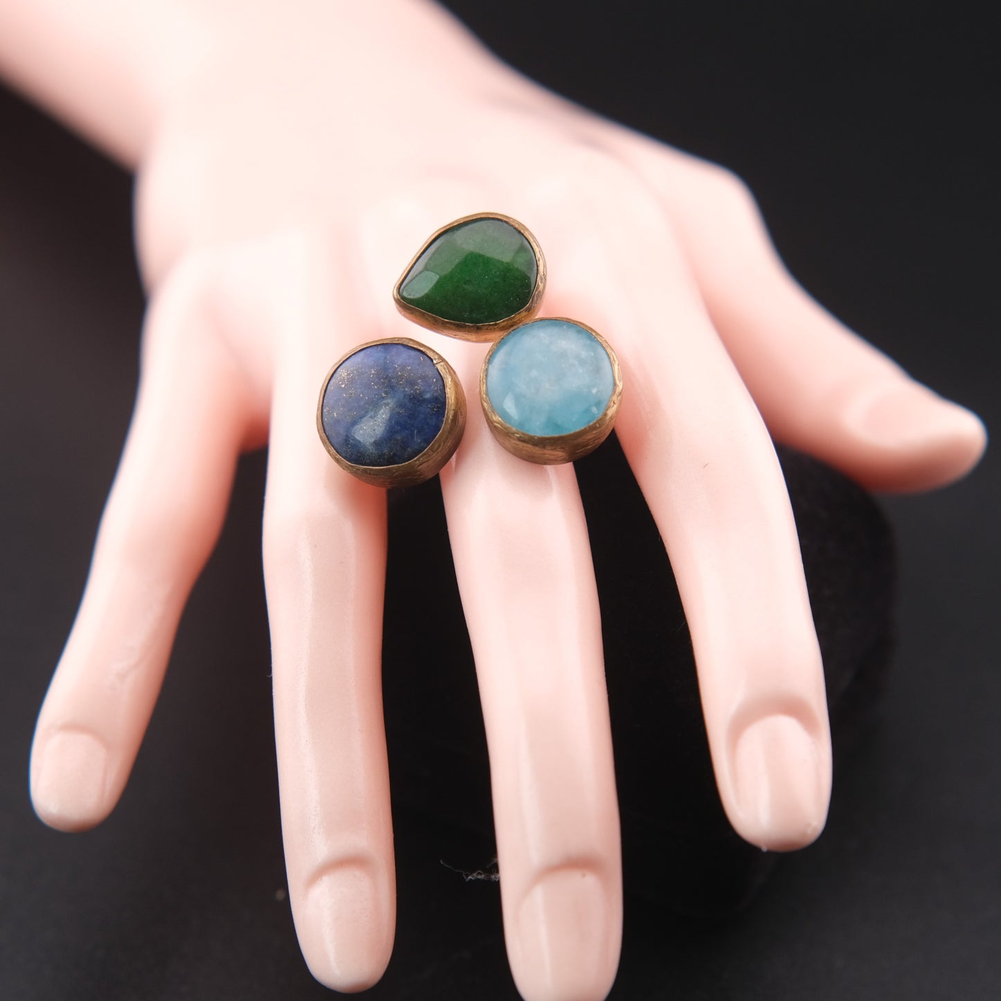 ❤️ Triple Stone Adjustable Ring – Lapis Lazuli, Larimar & Green Jade | Sculptural Cocktail Ring