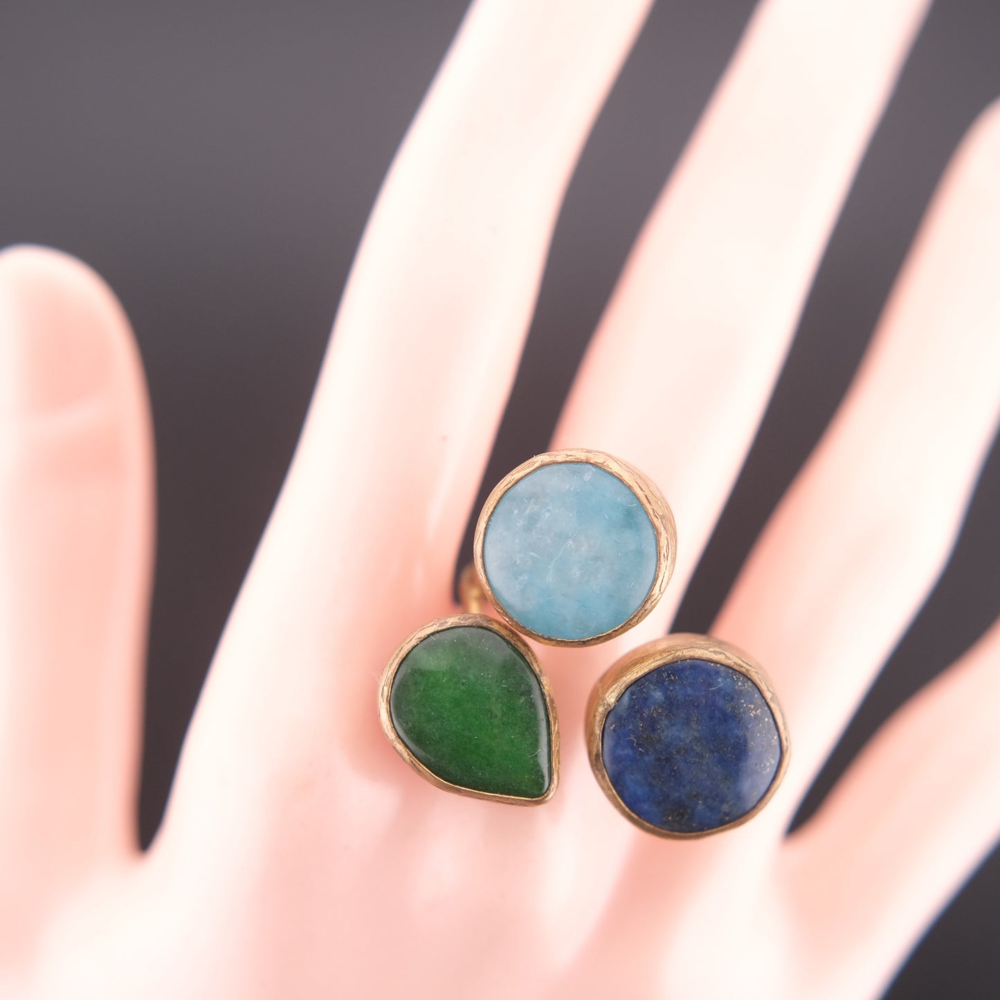 ❤️ Triple Stone Adjustable Ring – Lapis Lazuli, Larimar & Green Jade | Sculptural Cocktail Ring