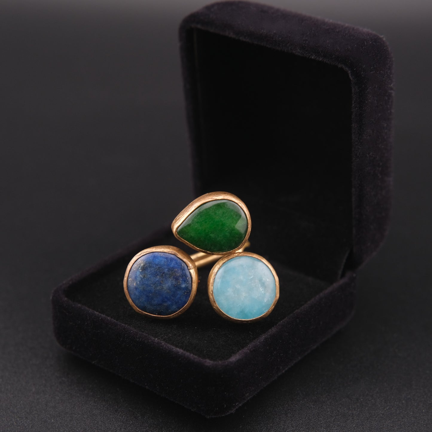 ❤️ Triple Stone Adjustable Ring – Lapis Lazuli, Larimar & Green Jade | Sculptural Cocktail Ring