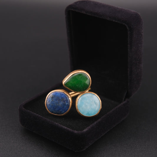 ❤️ Triple Stone Adjustable Ring – Lapis Lazuli, Larimar & Green Jade | Sculptural Cocktail Ring