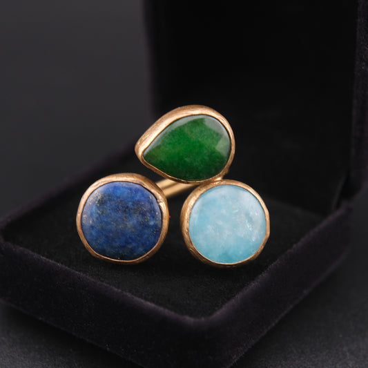 ❤️ Triple Stone Adjustable Ring – Lapis Lazuli, Larimar & Green Jade | Sculptural Cocktail Ring