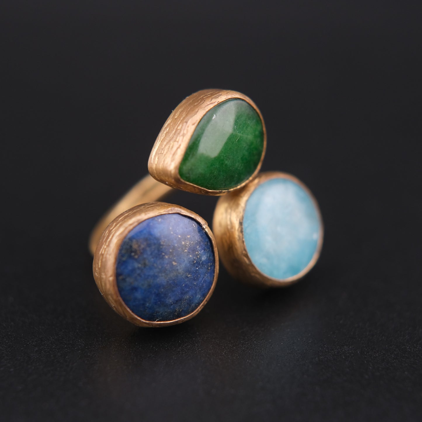 ❤️ Triple Stone Adjustable Ring – Lapis Lazuli, Larimar & Green Jade | Sculptural Cocktail Ring