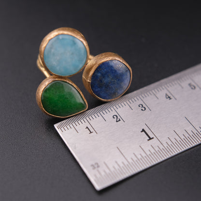 ❤️ Triple Stone Adjustable Ring – Lapis Lazuli, Larimar & Green Jade | Sculptural Cocktail Ring