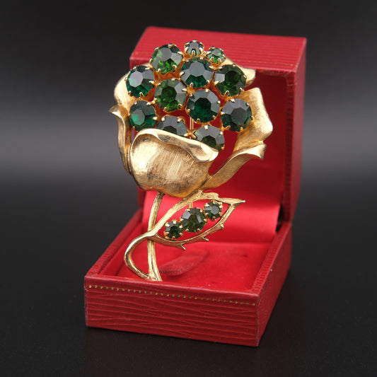 Vintage Gold-Tone Flower Brooch with Emerald Green Rhinestones