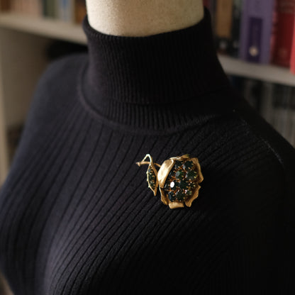 Vintage Gold-Tone Flower Brooch with Emerald Green Rhinestones