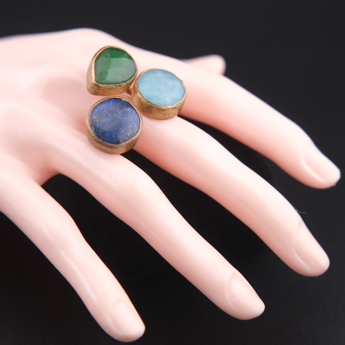 ❤️ Triple Stone Adjustable Ring – Lapis Lazuli, Larimar & Green Jade | Sculptural Cocktail Ring