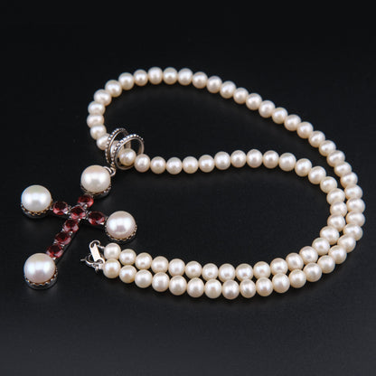 ❤️ Vintage 925 Silver Pearl Garnet Cross Necklace 16"
