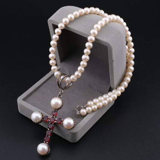❤️ Vintage 925 Silver Pearl Garnet Cross Necklace 16"