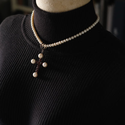 ❤️ Vintage 925 Silver Pearl Garnet Cross Necklace 16"