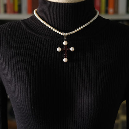 ❤️ Vintage 925 Silver Pearl Garnet Cross Necklace 16"