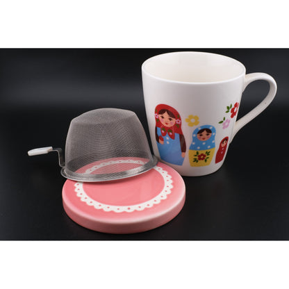 ❤️ Chocoholic Tea Mug with Lid & Infuser – Matryoshka Doll Design