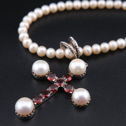 ❤️ Vintage 925 Silver Pearl Garnet Cross Necklace 16"