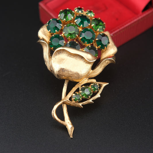 Vintage Gold-Tone Flower Brooch with Emerald Green Rhinestones