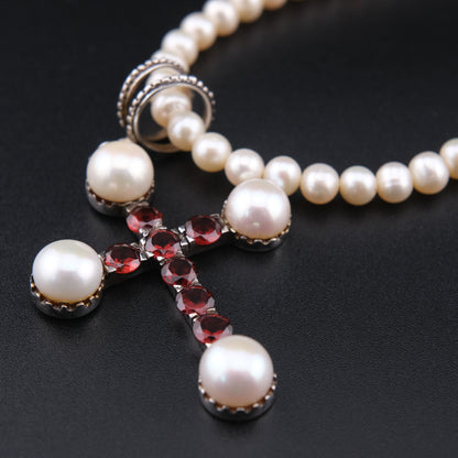 ❤️ Vintage 925 Silver Pearl Garnet Cross Necklace 16"