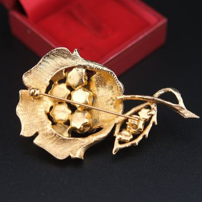 Vintage Gold-Tone Flower Brooch with Emerald Green Rhinestones