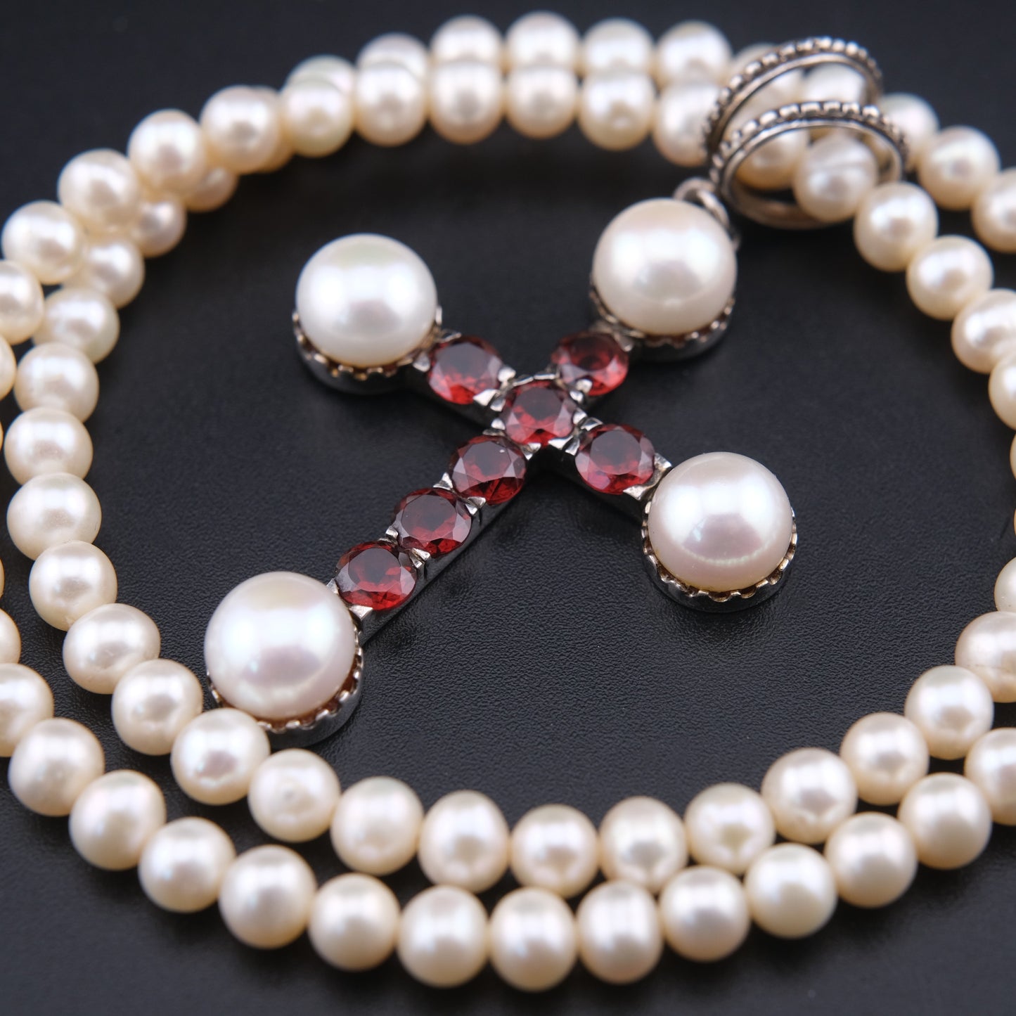 ❤️ Vintage 925 Silver Pearl Garnet Cross Necklace 16"