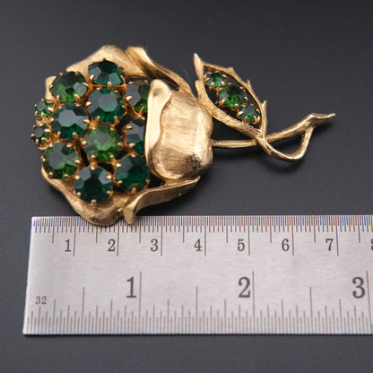 Vintage Gold-Tone Flower Brooch with Emerald Green Rhinestones