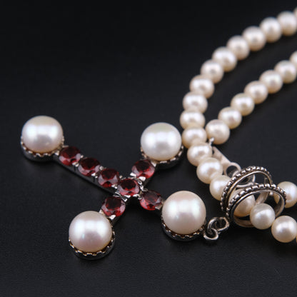 ❤️ Vintage 925 Silver Pearl Garnet Cross Necklace 16"