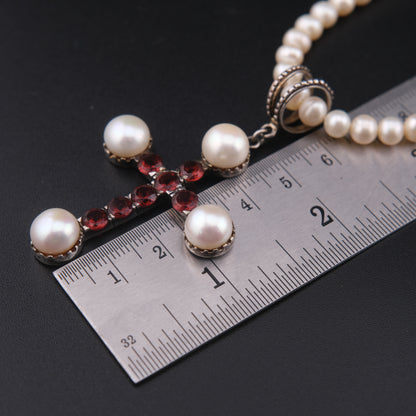 ❤️ Vintage 925 Silver Pearl Garnet Cross Necklace 16"