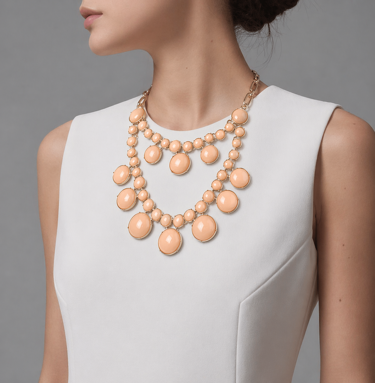 Vintage Talbots Double Strand Bib Necklace Peach Cabochon Gold Tone Statement